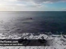Esposa francesa desnuda divirtiéndose al aire libre en el mar